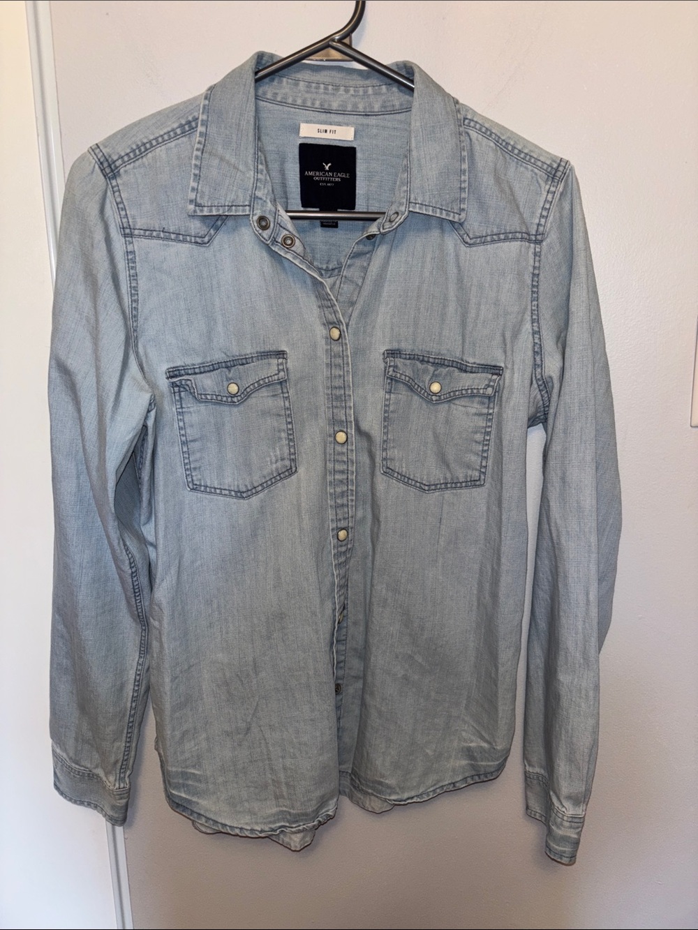 American Eagle Outfitters Light Wash Denim Button-Down Shirt